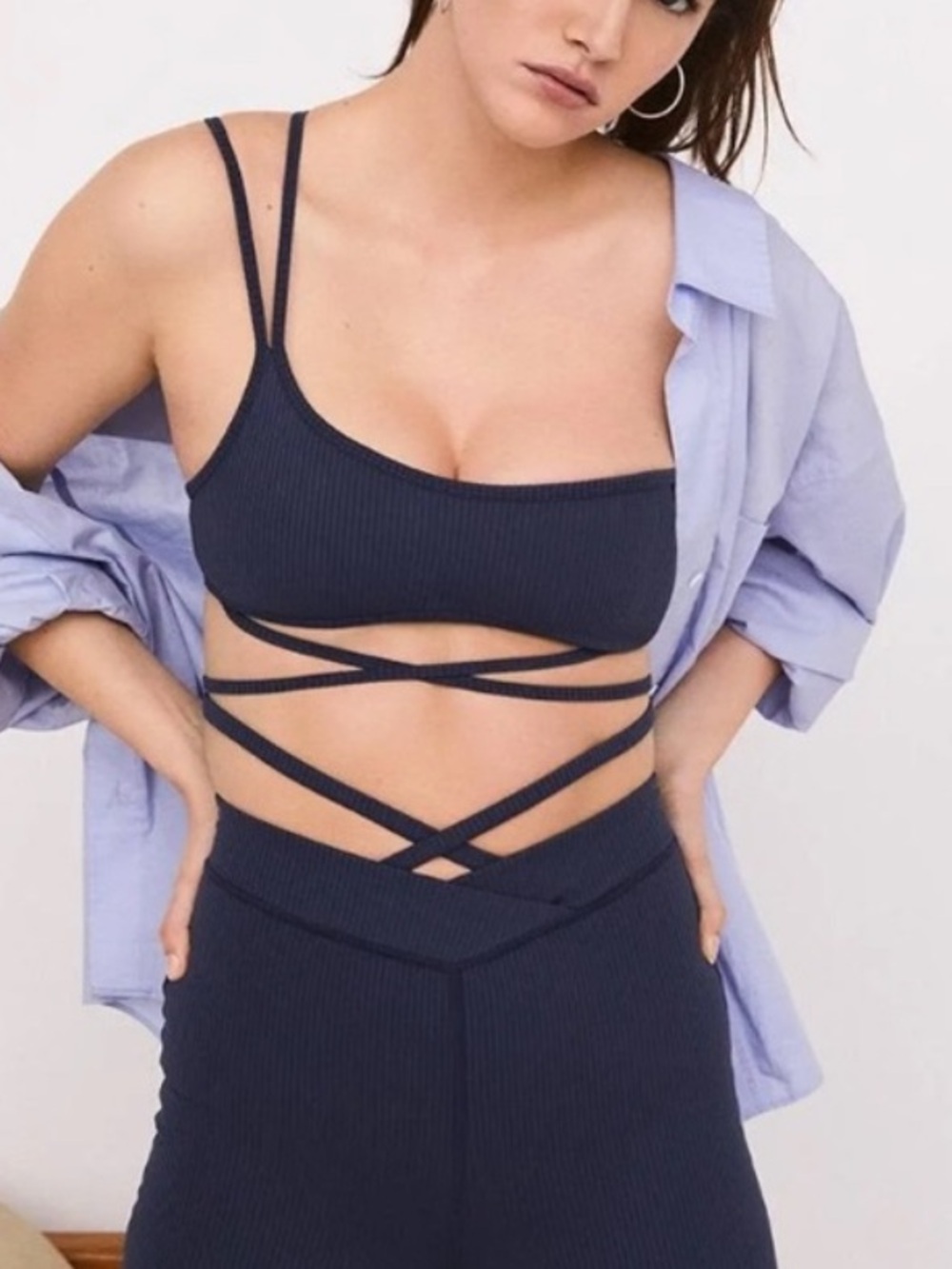 NWT For Love And Lemons Chloe Sports Bra Midnight Blue Navy Ribbed Womens Large